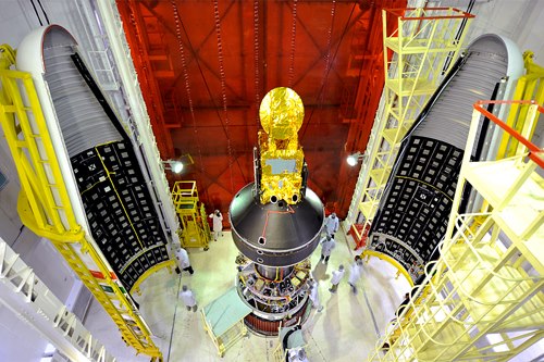 Panoramic view of SARAL and smaller satellites including STRaND-1 attached to the PSLV C20 - Image credit ISRO