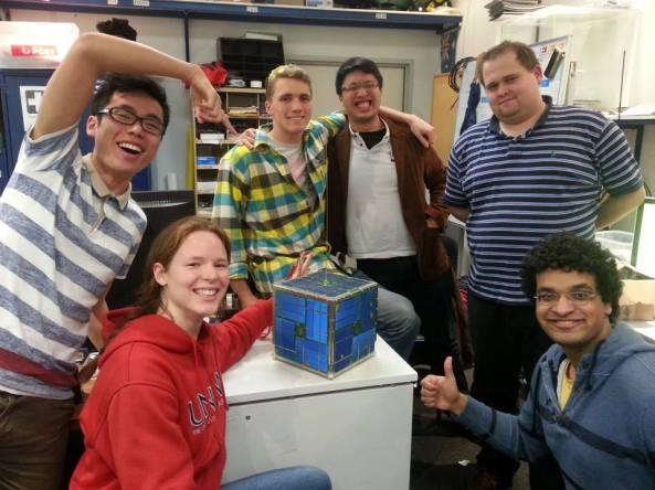 BLUEsat with some of the team members.  From left to right are Chun-kan Leung, Anne Gwynne-Robson, John Aiden Rohde, Thieñ Ñguyeñ, Daniel Jedrychowski and Varun Nayyar - Image credit UNSW