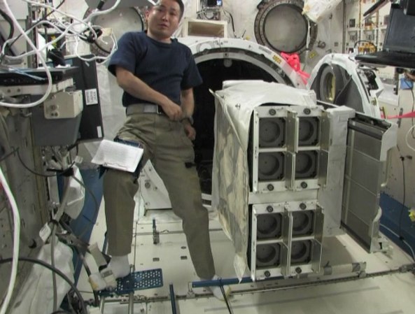 Koichi Wakata KC5ZTA installing CubeSat deployers on the Multipurpose Experiment Platform inside the Kibo laboratory of the ISS