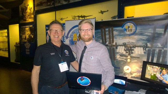 Graham Shirville G3VZV and Chris Bridges 2E0OBC on the ARISS stand at the London Science Museum