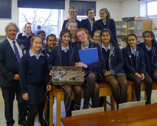 RSGB Board Member Steve Hartley G0FUW with some of the 80 students at the Royal Masonic School for Girls who participated in an Amateur Radio Electronics Buildathon