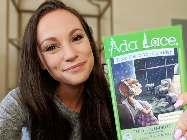 Emily Calandrelli KD8PKR with her new Ada Lace book